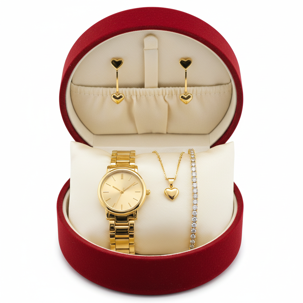 ❤️🌹 Coffret Cadeau Femme – Spécial Saint-Valentin – Montre & Parure de Bijoux