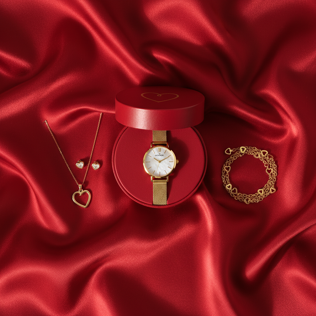❤️🌹 Coffret Cadeau Femme – Spécial Saint-Valentin – Montre & Parure de Bijoux