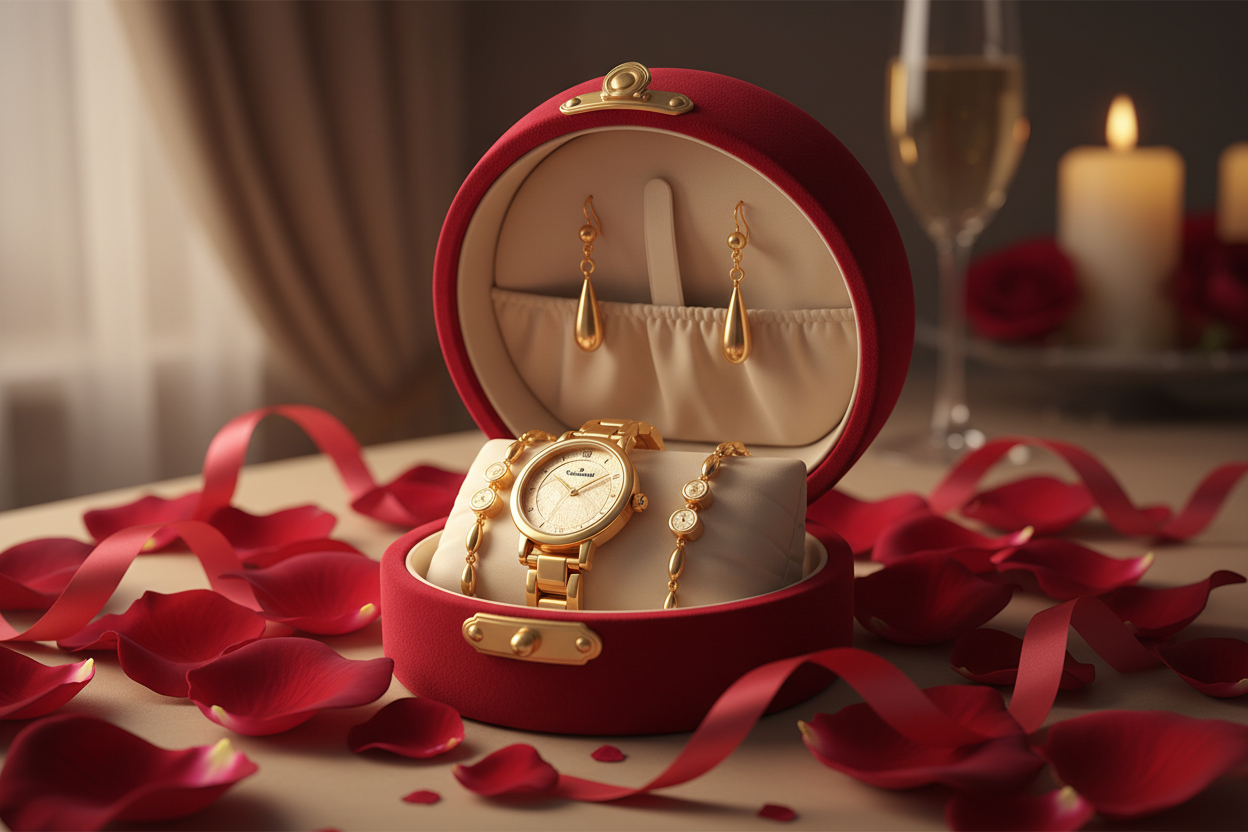 ❤️🌹 Coffret Cadeau Femme – Spécial Saint-Valentin – Montre & Parure de Bijoux