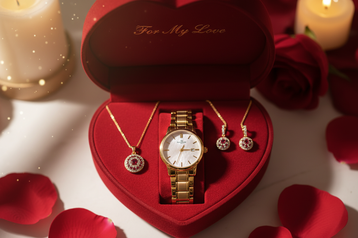 ❤️🌹 Coffret Cadeau Femme – Spécial Saint-Valentin – Montre & Parure de Bijoux